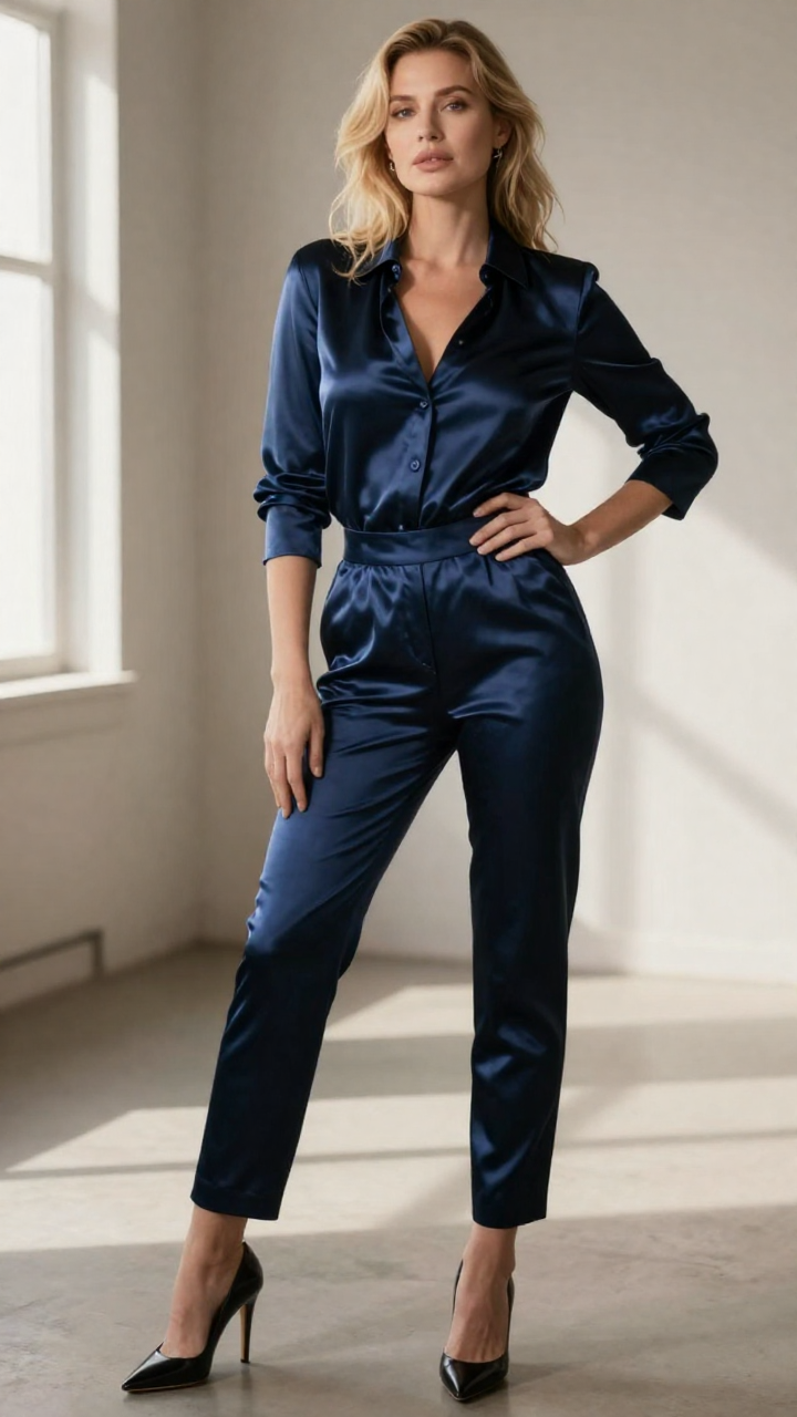 Fictional consenting adult woman age 26, blonde, midnight blue satin set, confident full-body pose in a