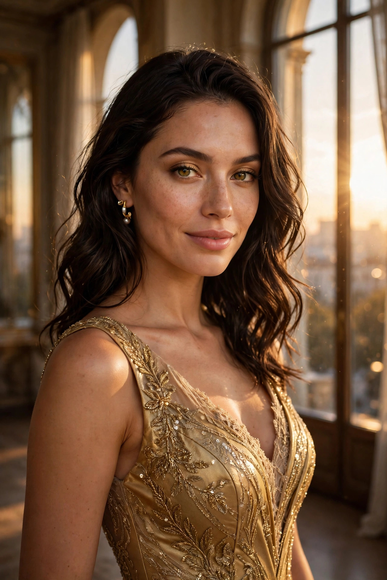 AI generated portrait of a woman in a gold evening gown at golden hour