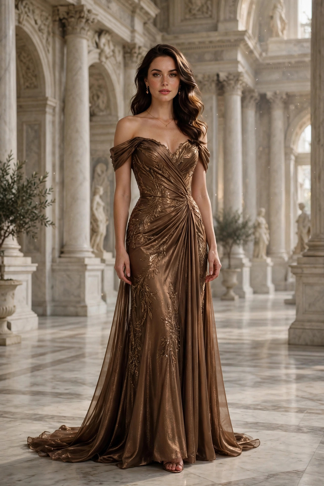 AI generated full body image of a woman in a bronze evening gown in a marble hall